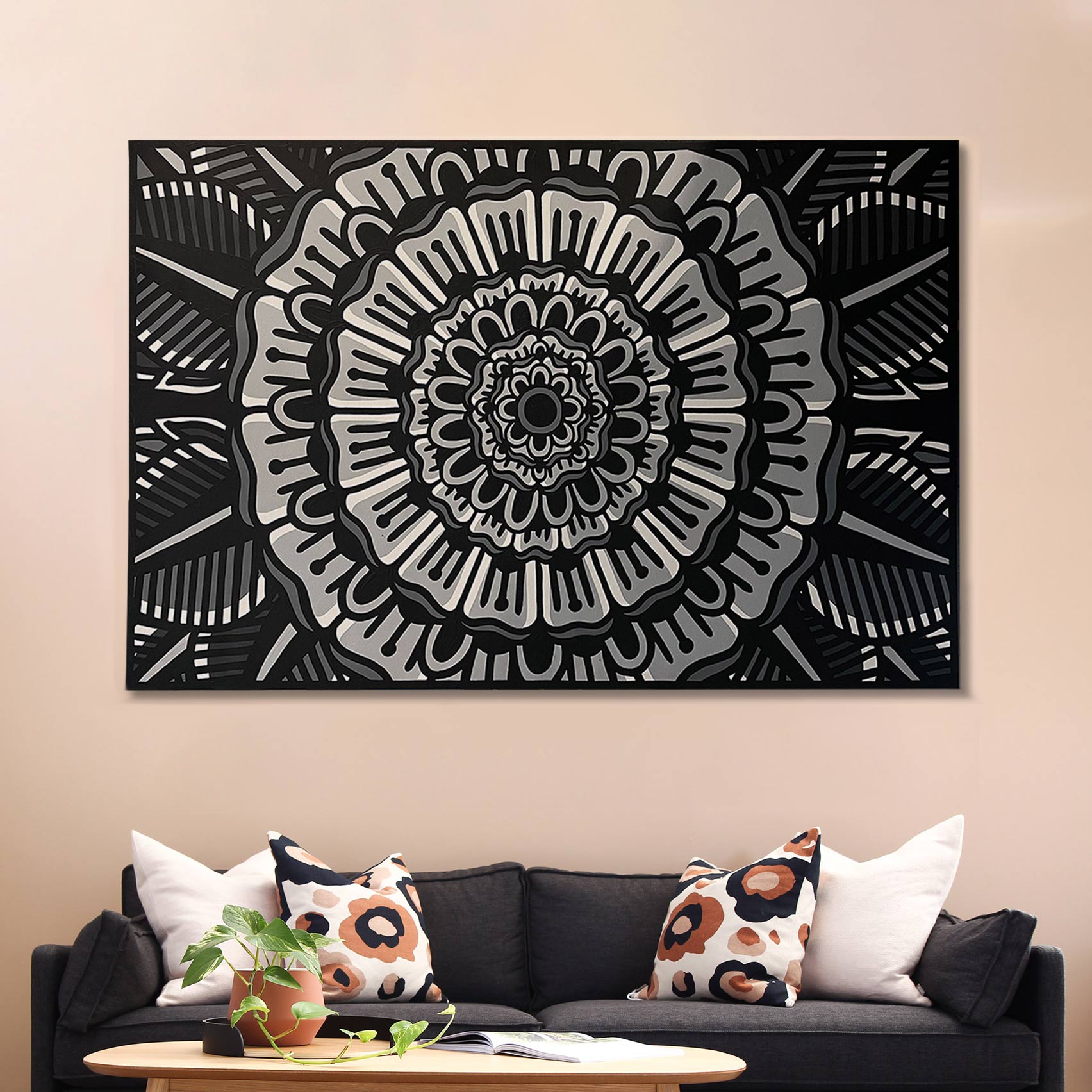 Black/Grey 'Geo Flower' (47x70”) Canvas